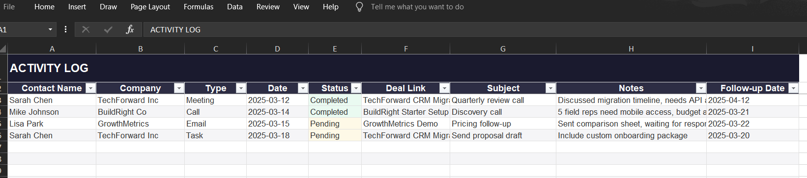 CRM spreadsheet activity log with calls, emails, meetings, and follow-up dates