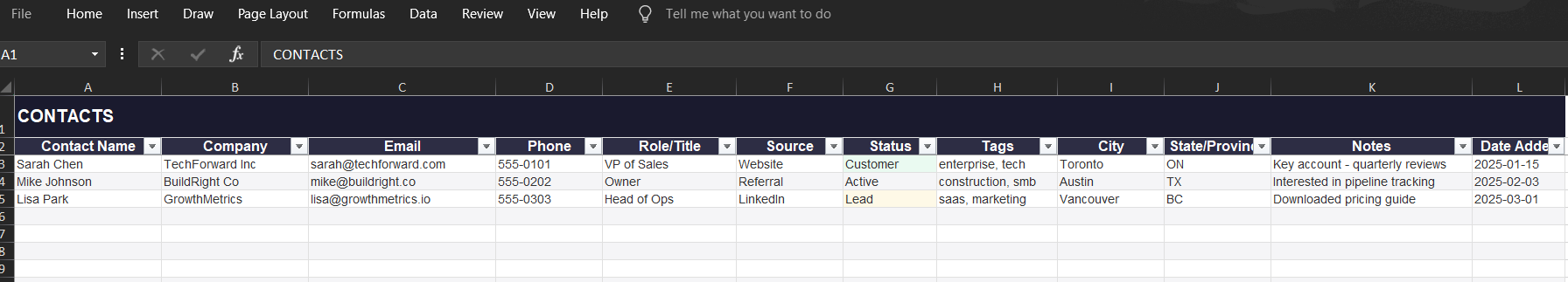 CRM spreadsheet contacts tab with name, company, email, status columns